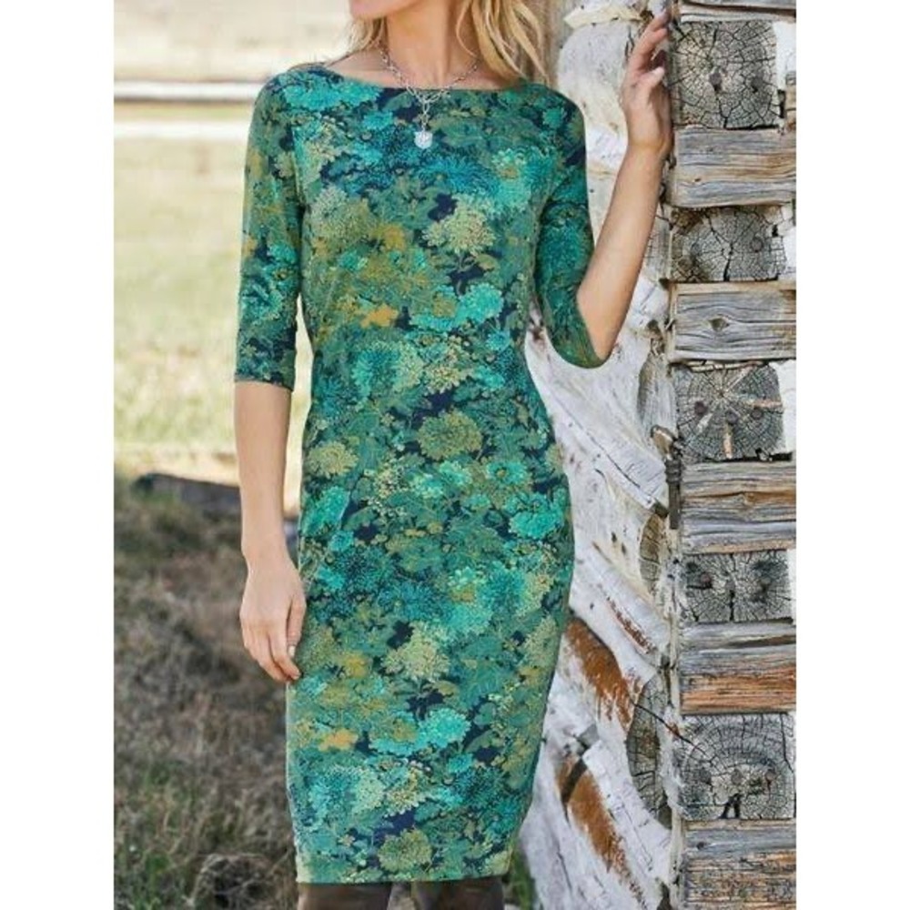 Peruvian Connection Pima Cotton Floral Sheath Dress Green Small Artsy Botanical